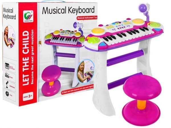 Detské klávesy so stoličkou a mikrofonom  - ružová farba